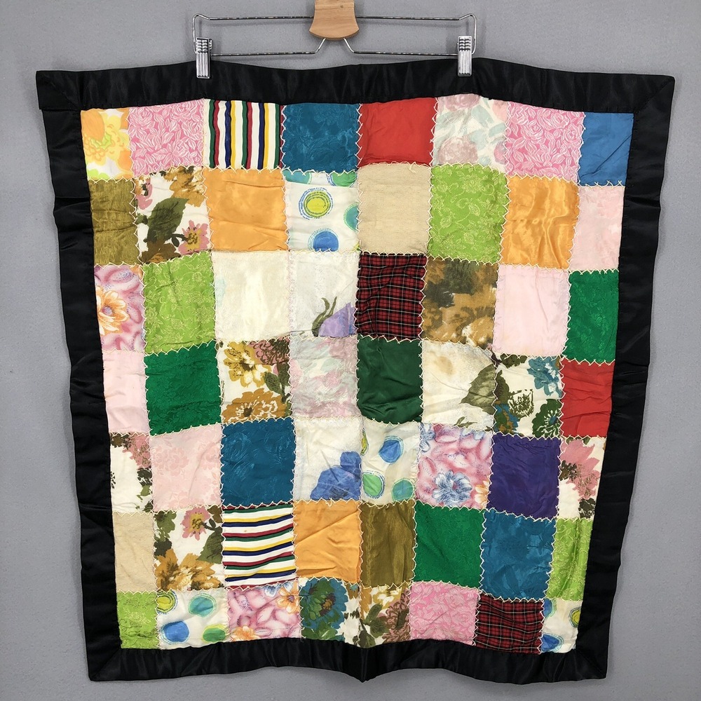 Vintage Handmade Patchwork Crazy Quilt Blanket Black Trim 31.5 x 33